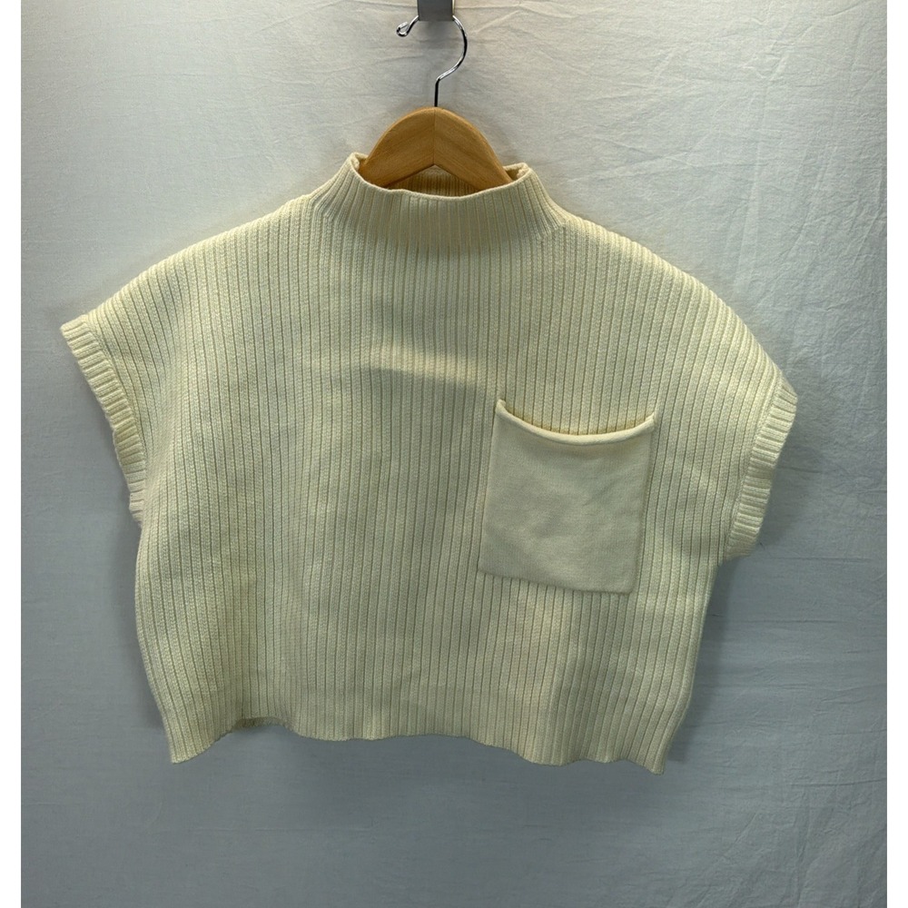 Entro Cropped ribbed Sweater short sleeve Ivory Knit Boxy S minimalist mock neck